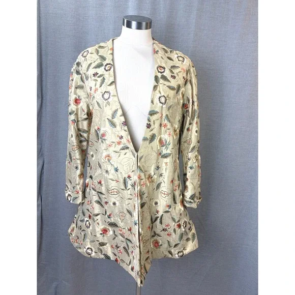 Embroidered Kimono Jacket Beige Floral Open Front Belted Women's M Bohemian - Picture 2 of 13